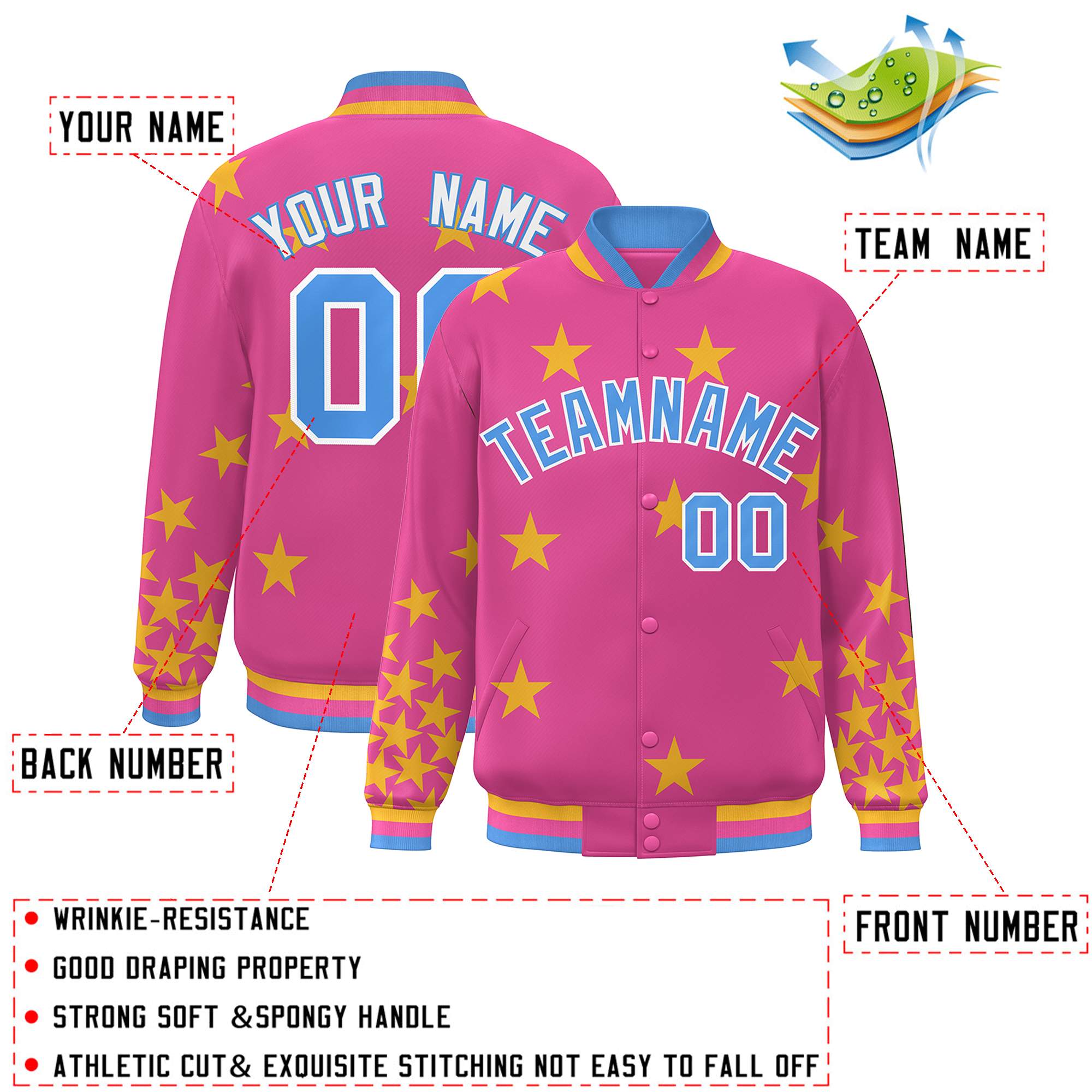 Custom Pink Powder Blue-White Star Graffiti Pattern Varsity Full-Snap Bomber Jacket