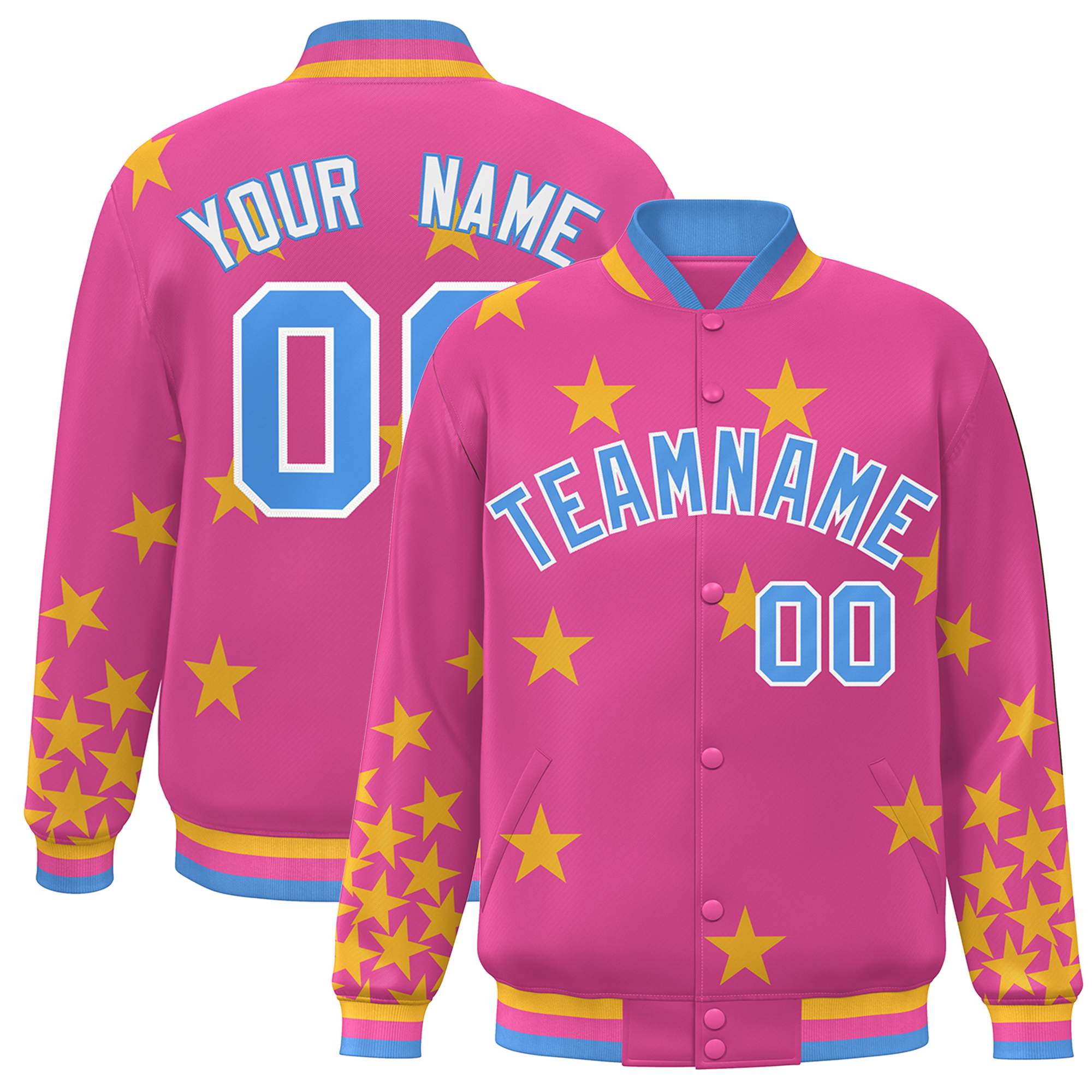 Custom Pink Powder Blue-White Star Graffiti Pattern Varsity Full-Snap Bomber Jacket