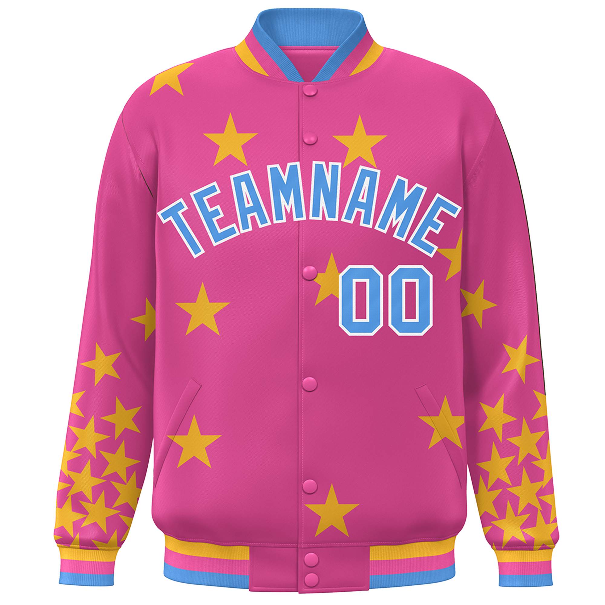 Custom Pink Powder Blue-White Star Graffiti Pattern Varsity Full-Snap Bomber Jacket