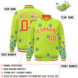 Custom Neon Green Orange-White Star Graffiti Pattern Varsity Full-Snap Bomber Jacket