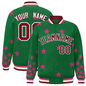 Custom Kelly Green Crimson-White Star Graffiti Pattern Varsity Full-Snap Bomber Jacket