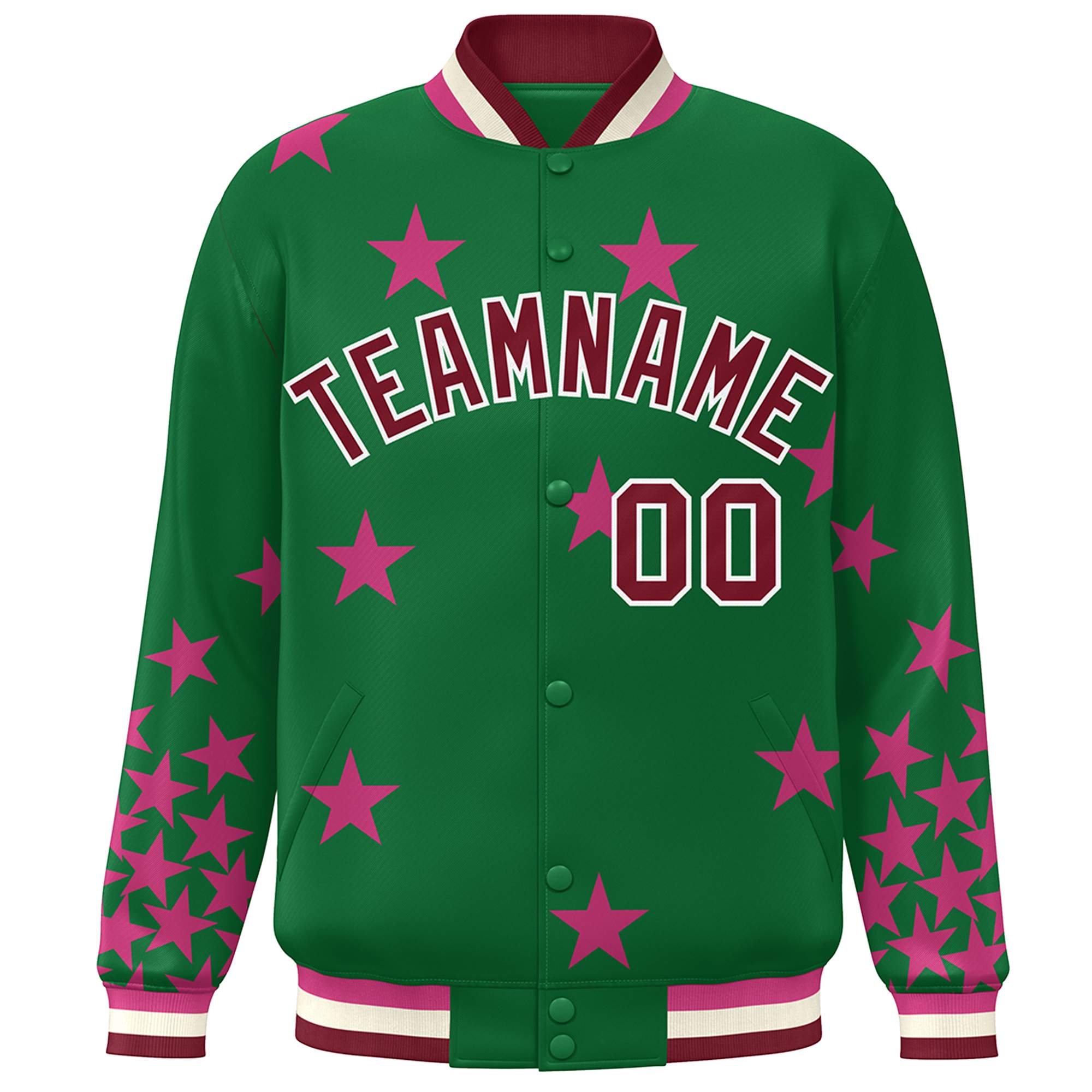 Custom Kelly Green Crimson-White Star Graffiti Pattern Varsity Full-Snap Bomber Jacket