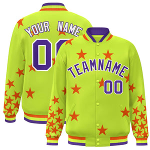 Custom Neon Green Purple-White Star Graffiti Pattern Varsity Full-Snap Bomber Jacket