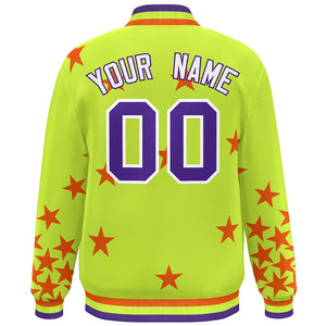 Custom Neon Green Purple-White Star Graffiti Pattern Varsity Full-Snap Bomber Jacket