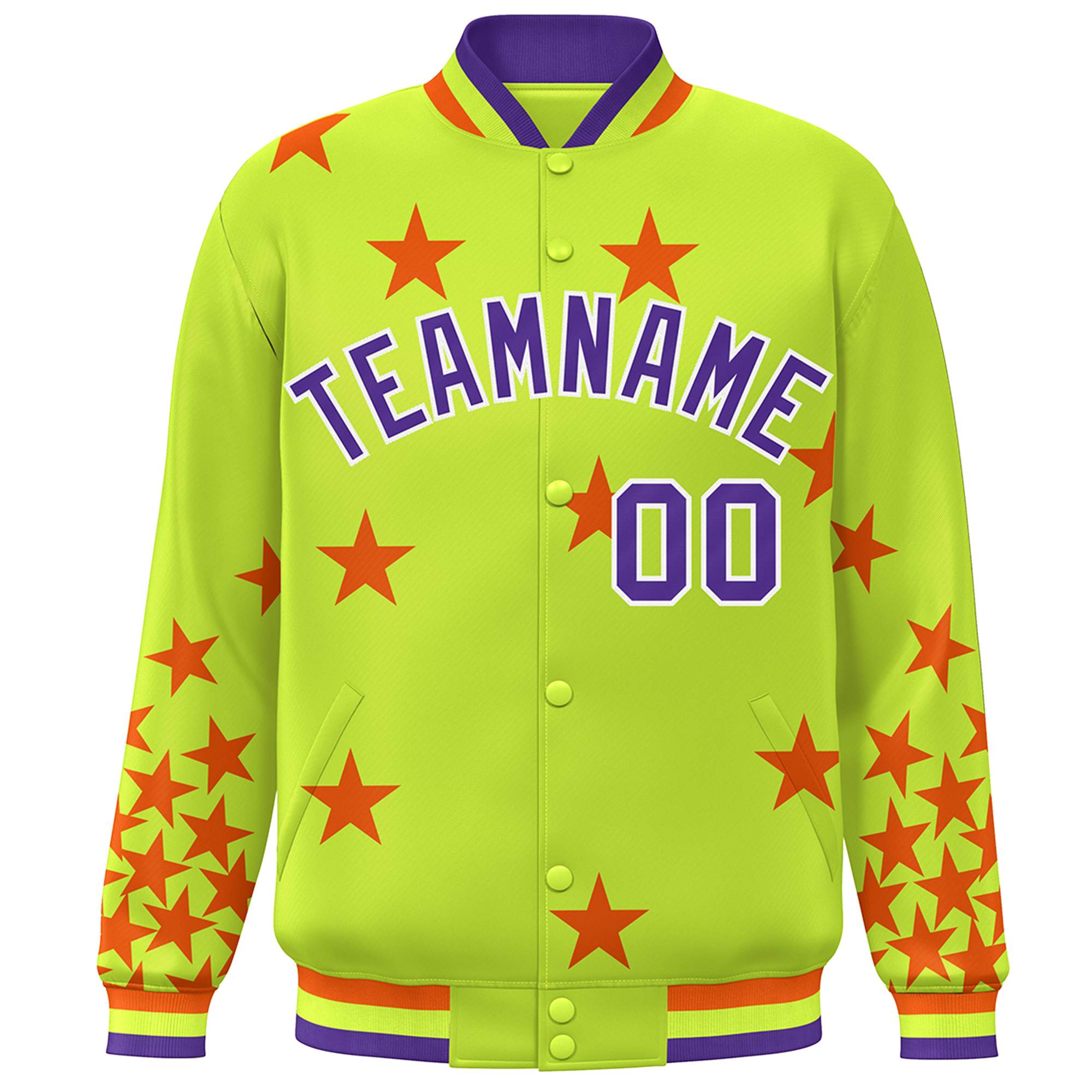 Custom Neon Green Purple-White Star Graffiti Pattern Varsity Full-Snap Bomber Jacket