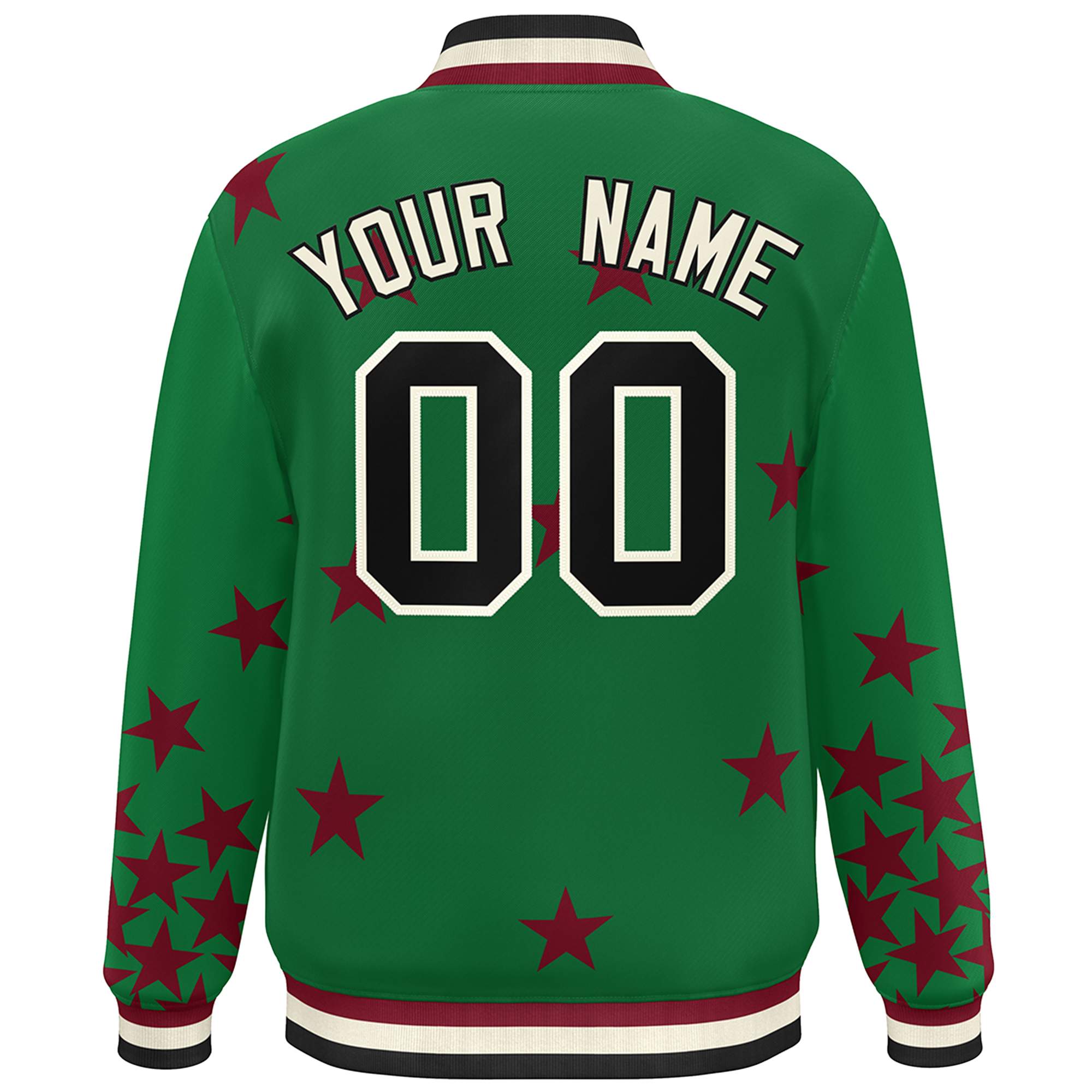 Custom Kelly Green Black-White Star Graffiti Pattern Varsity Full-Snap Bomber Jacket