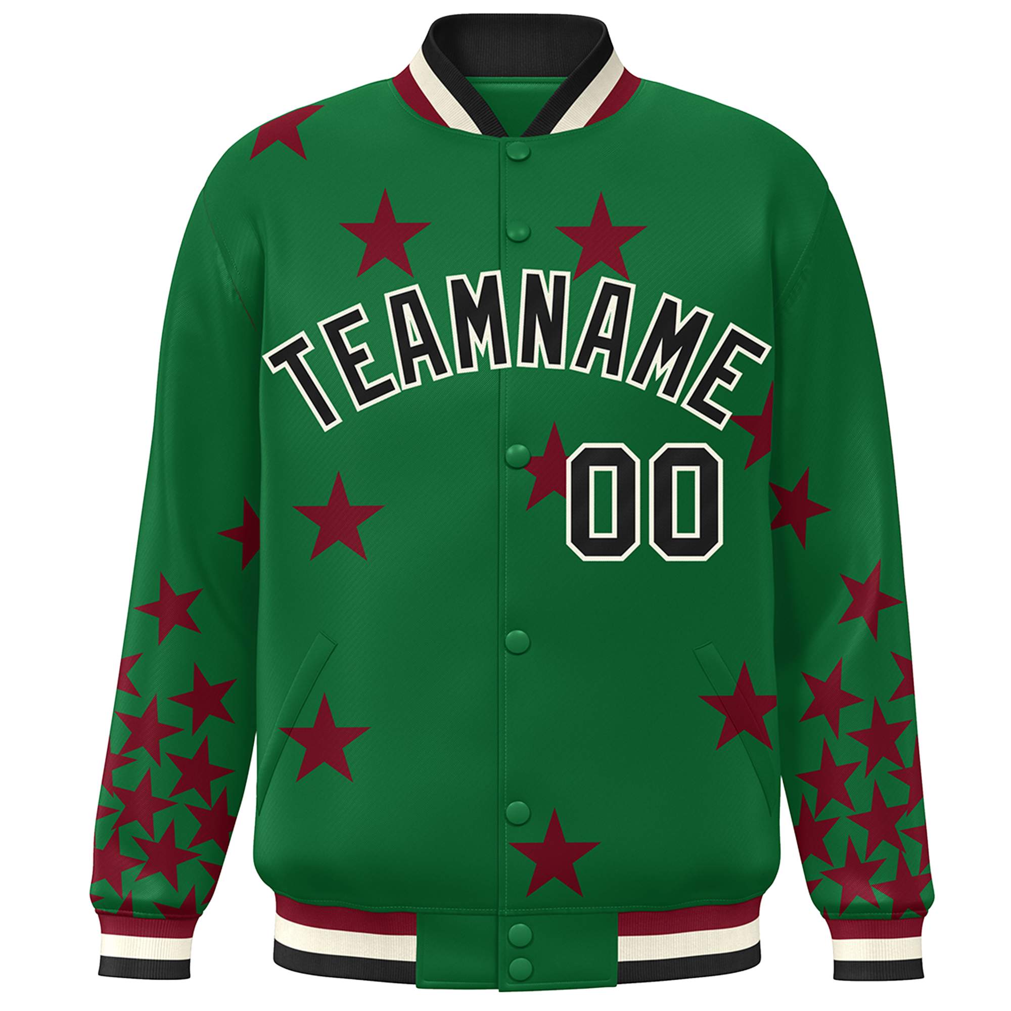 Custom Kelly Green Black-White Star Graffiti Pattern Varsity Full-Snap Bomber Jacket