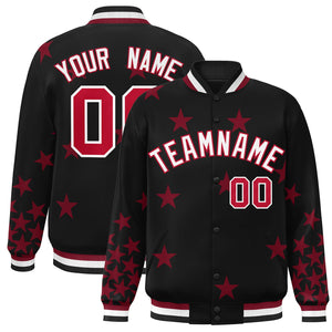 Custom Black White-Red Star Graffiti Pattern Varsity Full-Snap Bomber Jacket