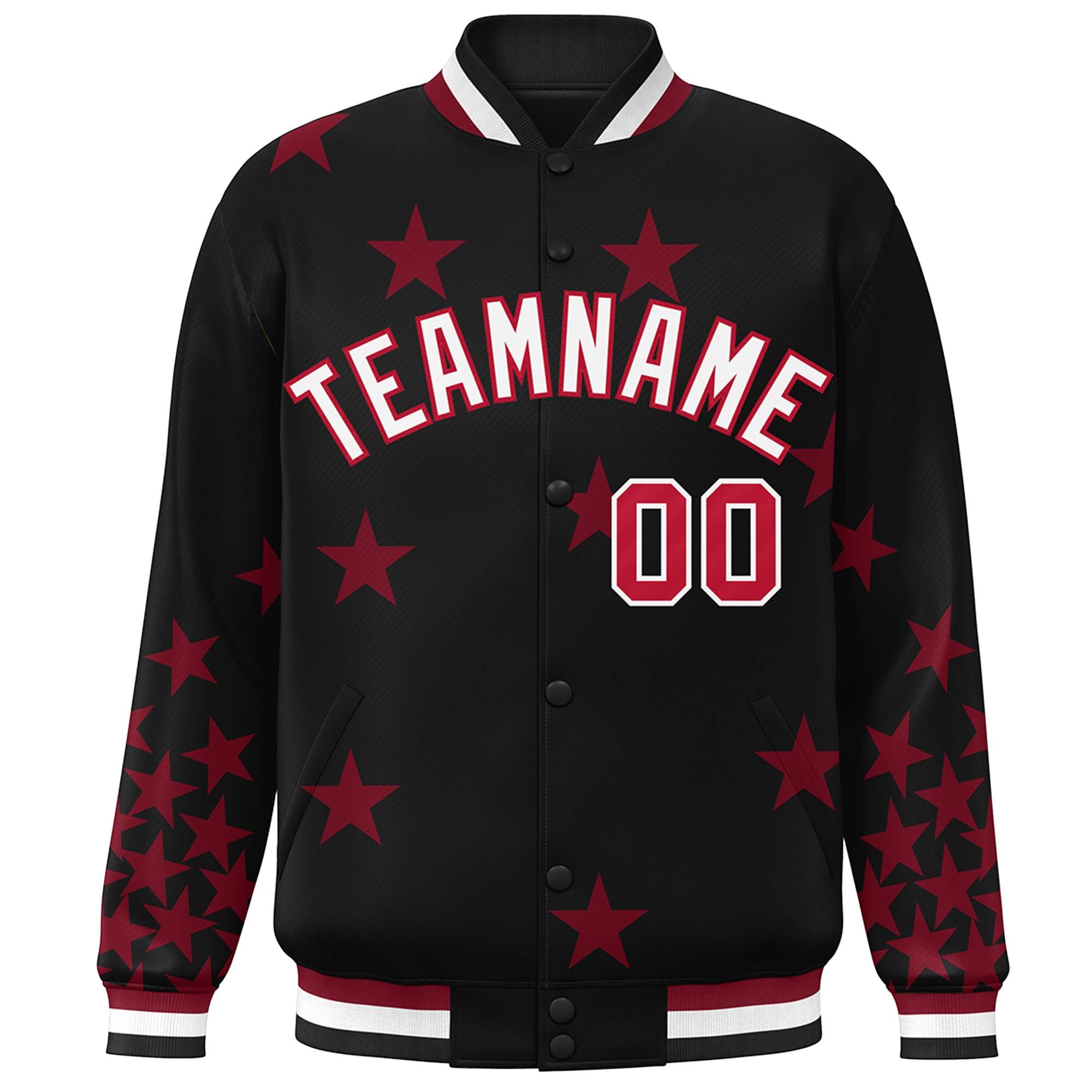 Custom Black White-Red Star Graffiti Pattern Varsity Full-Snap Bomber Jacket