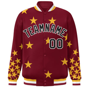 Custom Crimson Black-White Star Graffiti Pattern Varsity Full-Snap Bomber Jacket