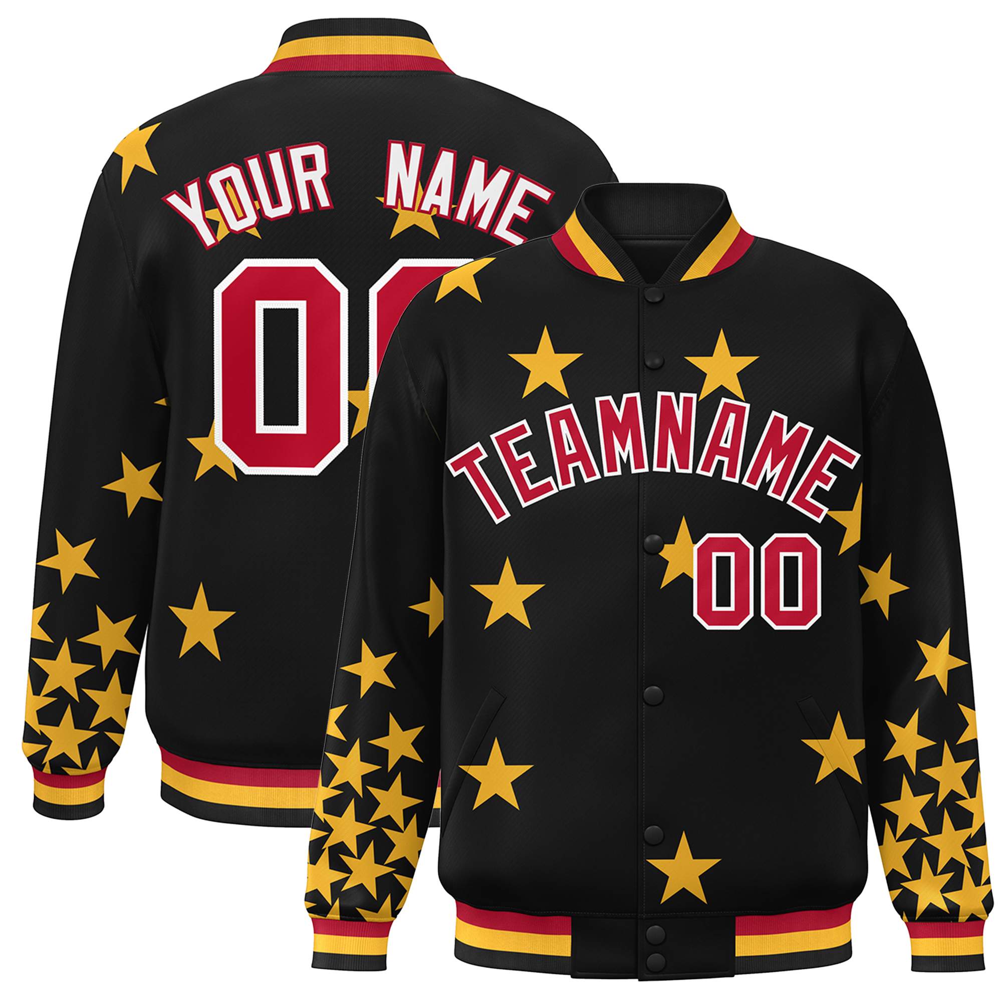 Custom Black Red-White Star Graffiti Pattern Varsity Full-Snap Bomber Jacket