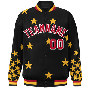 Custom Black Red-White Star Graffiti Pattern Varsity Full-Snap Bomber Jacket