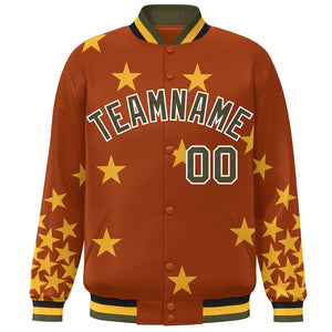 Custom Orange Olive-White Star Graffiti Pattern Varsity Full-Snap Bomber Jacket