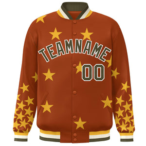 Custom Orange Olive-White Star Graffiti Pattern Varsity Full-Snap Bomber Jacket