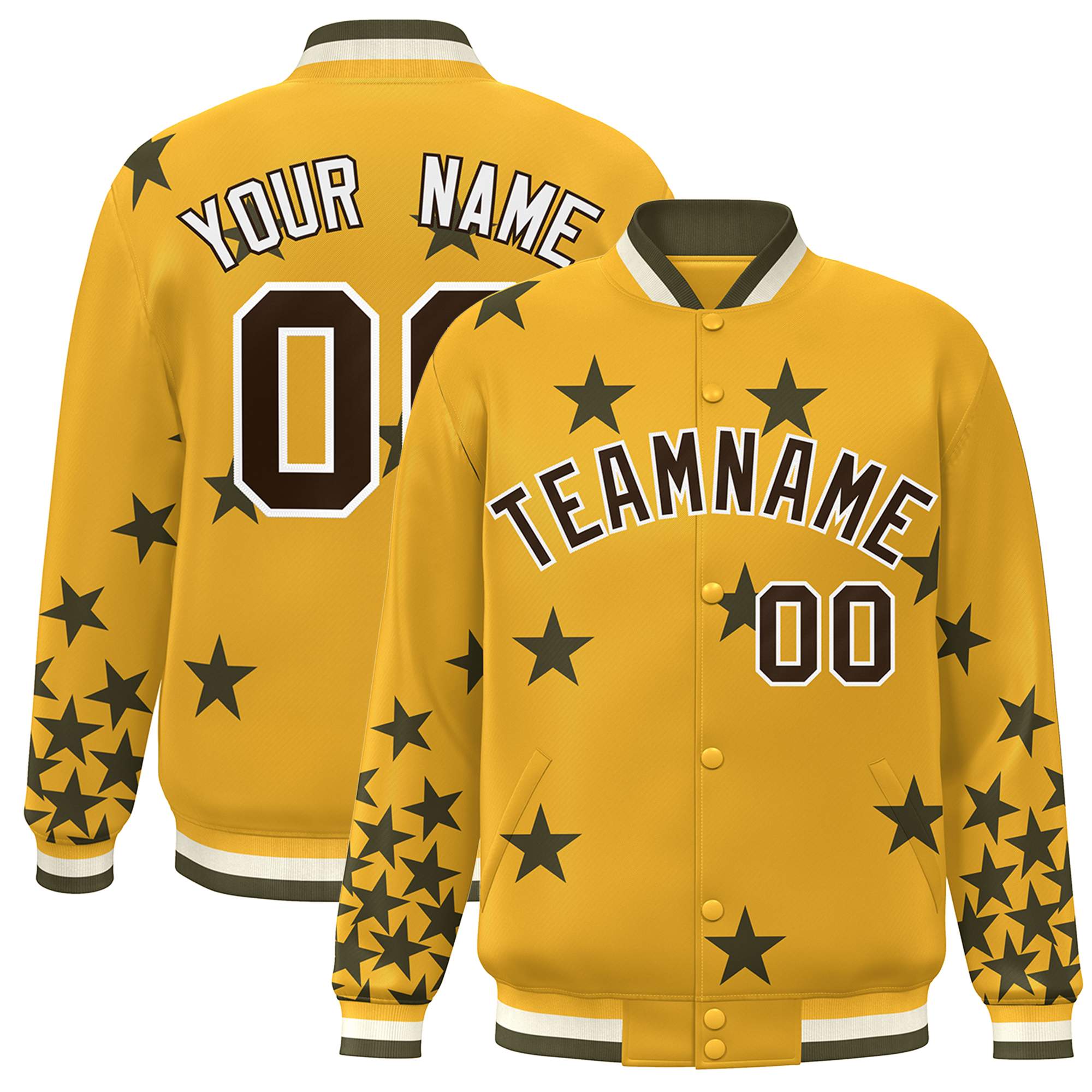 Custom Gold Black-White Star Graffiti Pattern Varsity Full-Snap Bomber Jacket