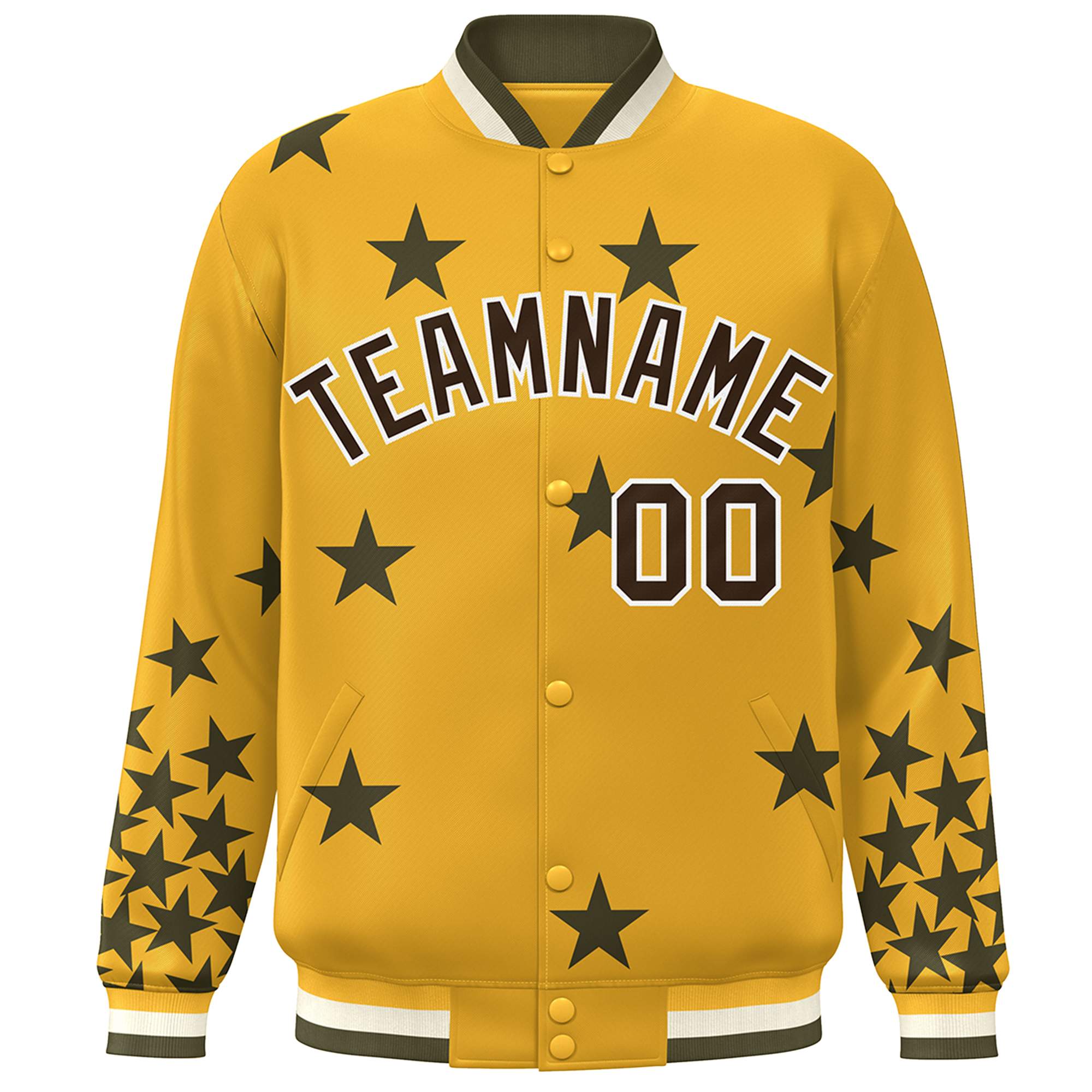 Custom Gold Black-White Star Graffiti Pattern Varsity Full-Snap Bomber Jacket