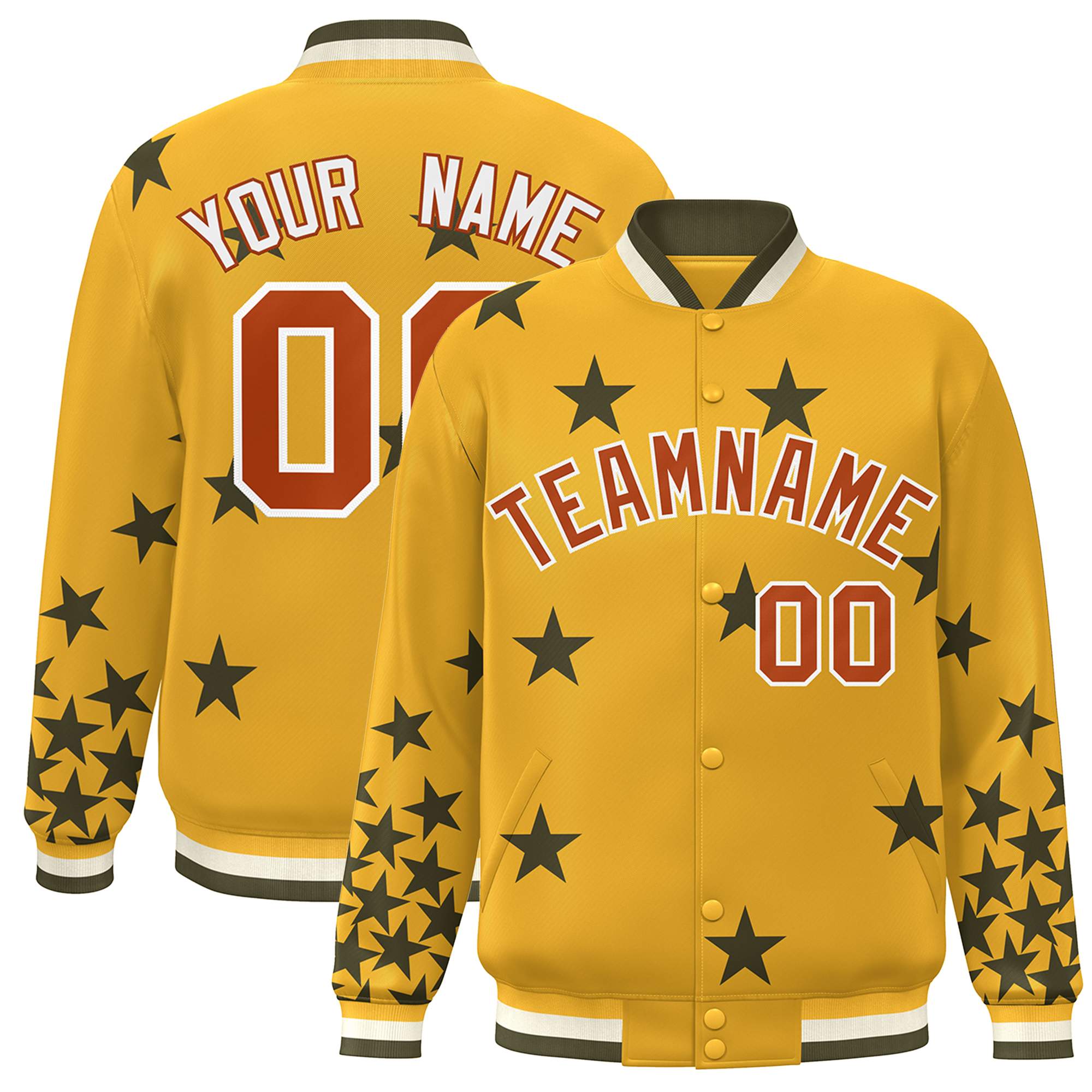 Custom Gold Brown-White Star Graffiti Pattern Varsity Full-Snap Bomber Jacket