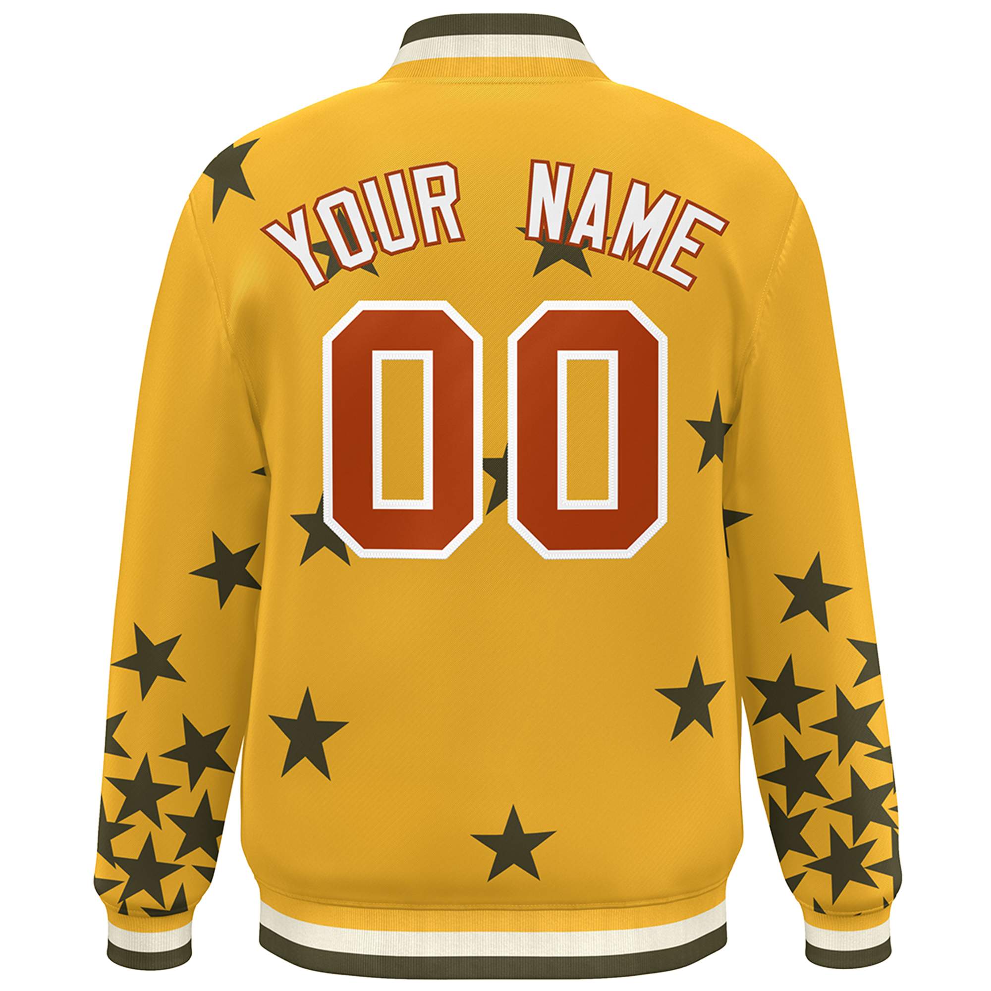 Custom Gold Brown-White Star Graffiti Pattern Varsity Full-Snap Bomber Jacket