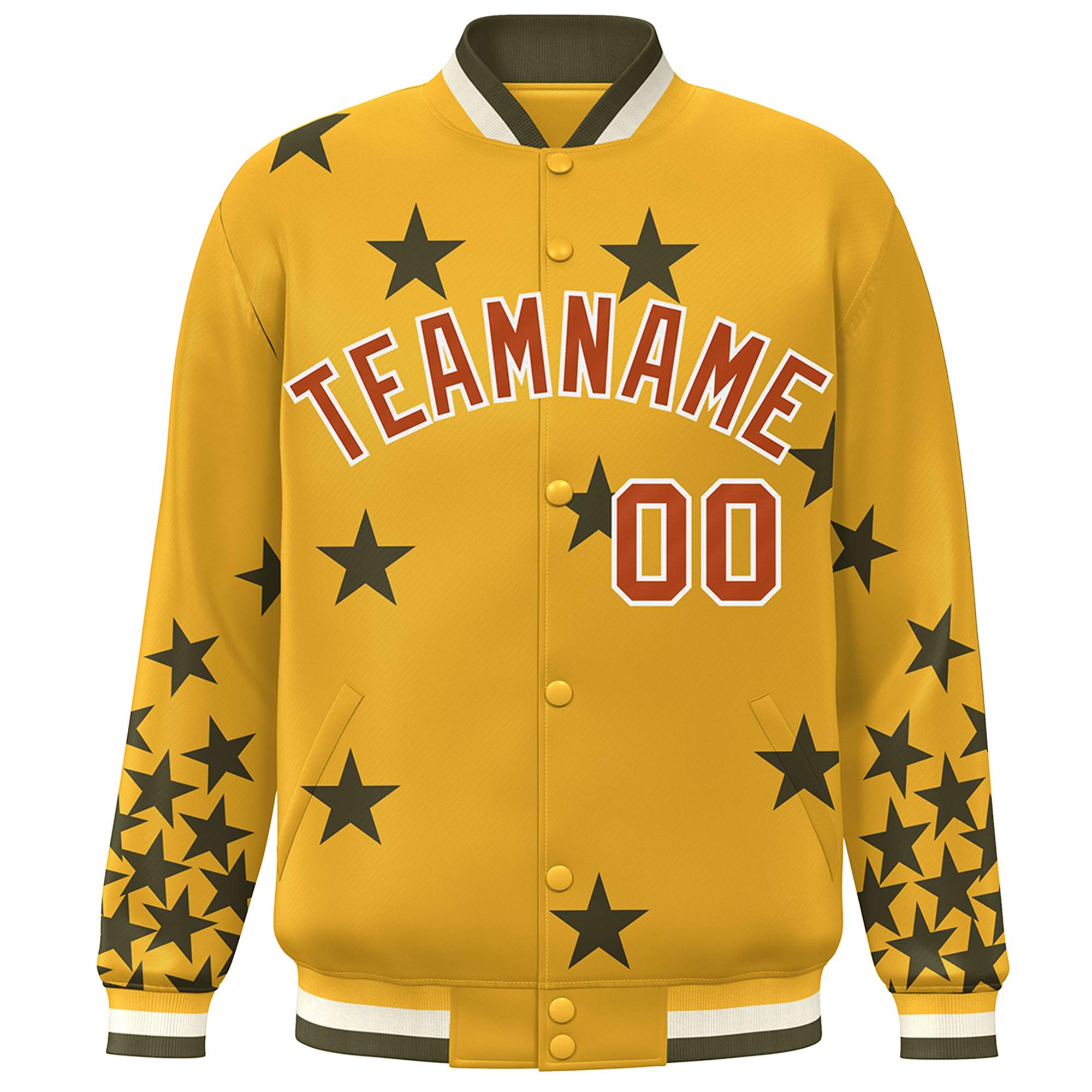 Custom Gold Brown-White Star Graffiti Pattern Varsity Full-Snap Bomber Jacket