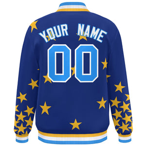 Custom Royal Powder Blue-White Star Graffiti Pattern Varsity Full-Snap Bomber Jacket