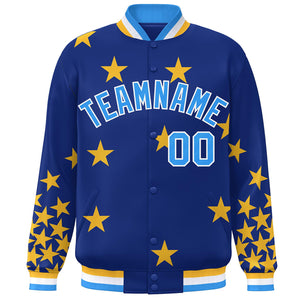 Custom Royal Powder Blue-White Star Graffiti Pattern Varsity Full-Snap Bomber Jacket