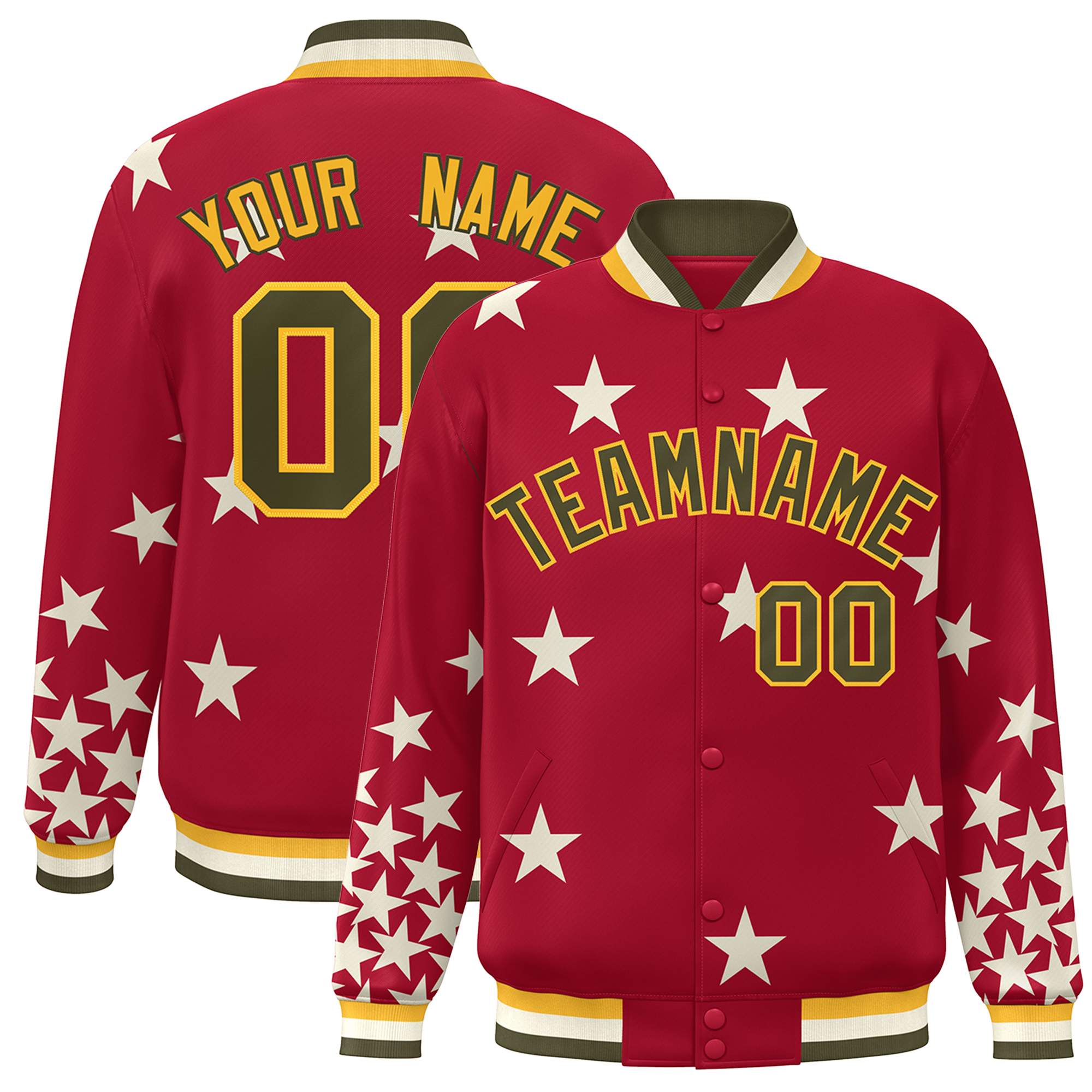 Custom Red Olive-Yellow Star Graffiti Pattern Varsity Full-Snap Bomber Jacket