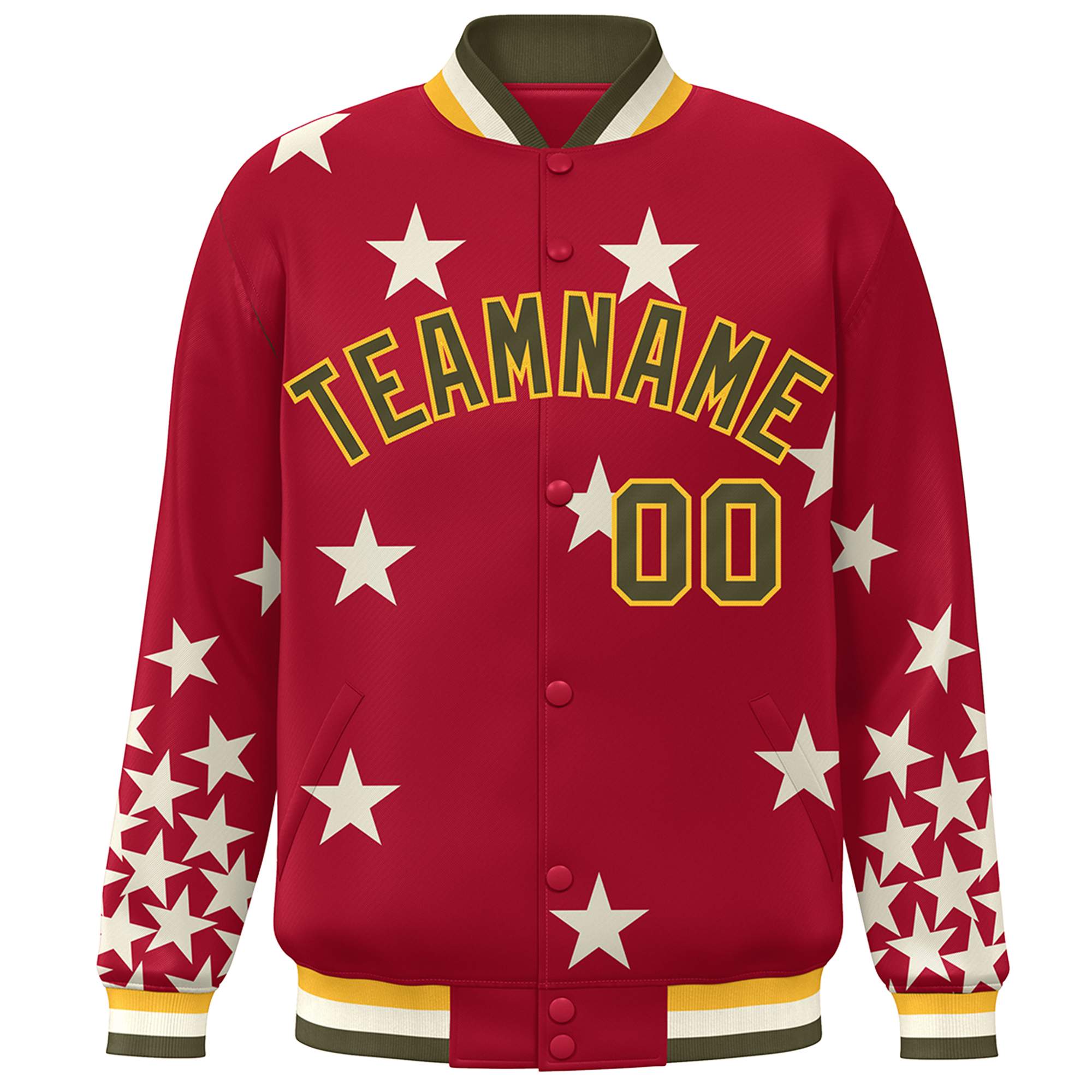 Custom Red Olive-Yellow Star Graffiti Pattern Varsity Full-Snap Bomber Jacket