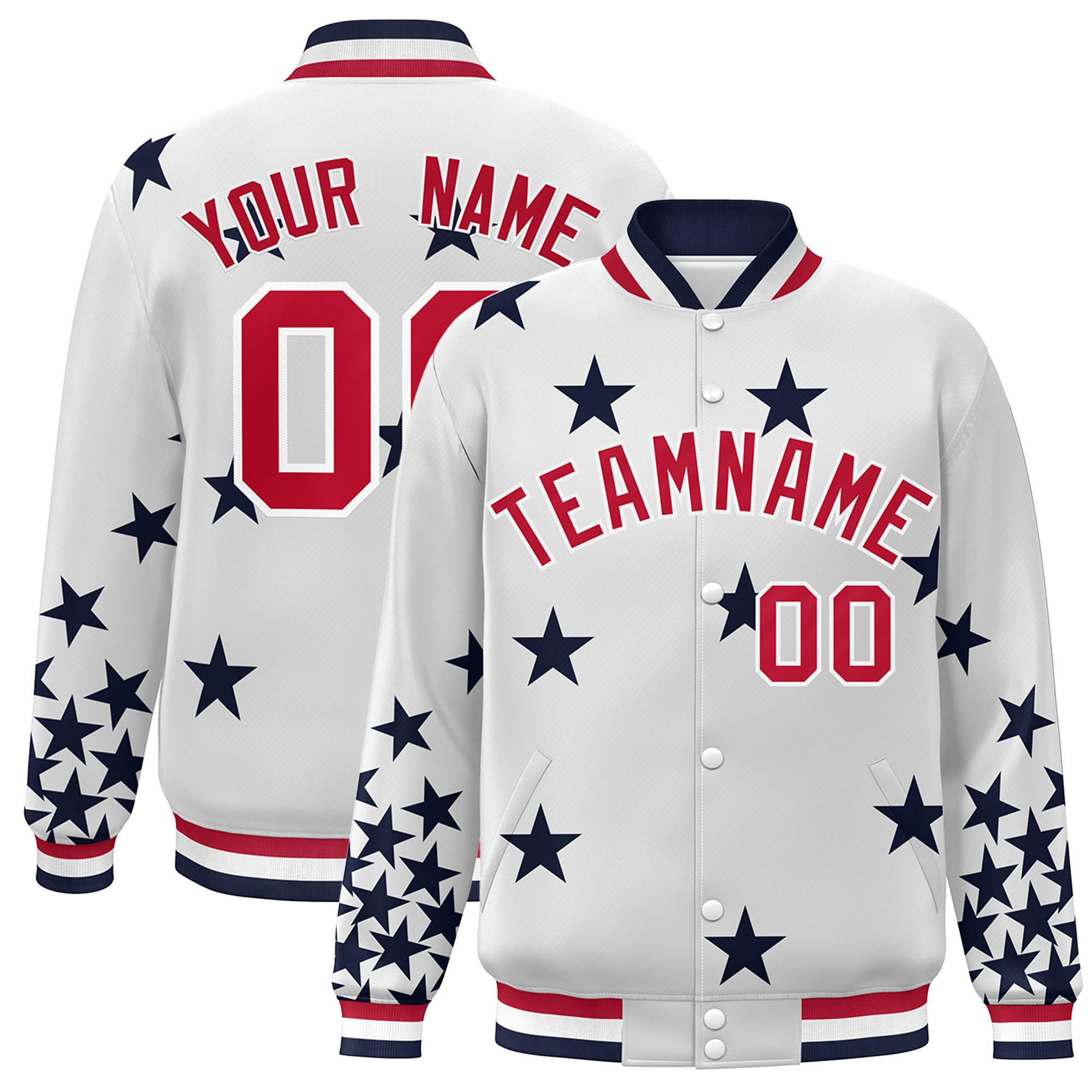 Custom White Red Star Graffiti Pattern Varsity Full-Snap Bomber Jacket