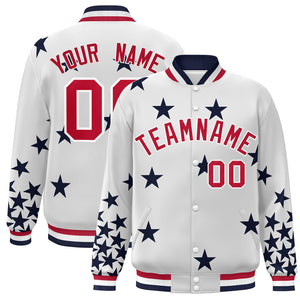 Custom White Red Star Graffiti Pattern Varsity Full-Snap Bomber Jacket