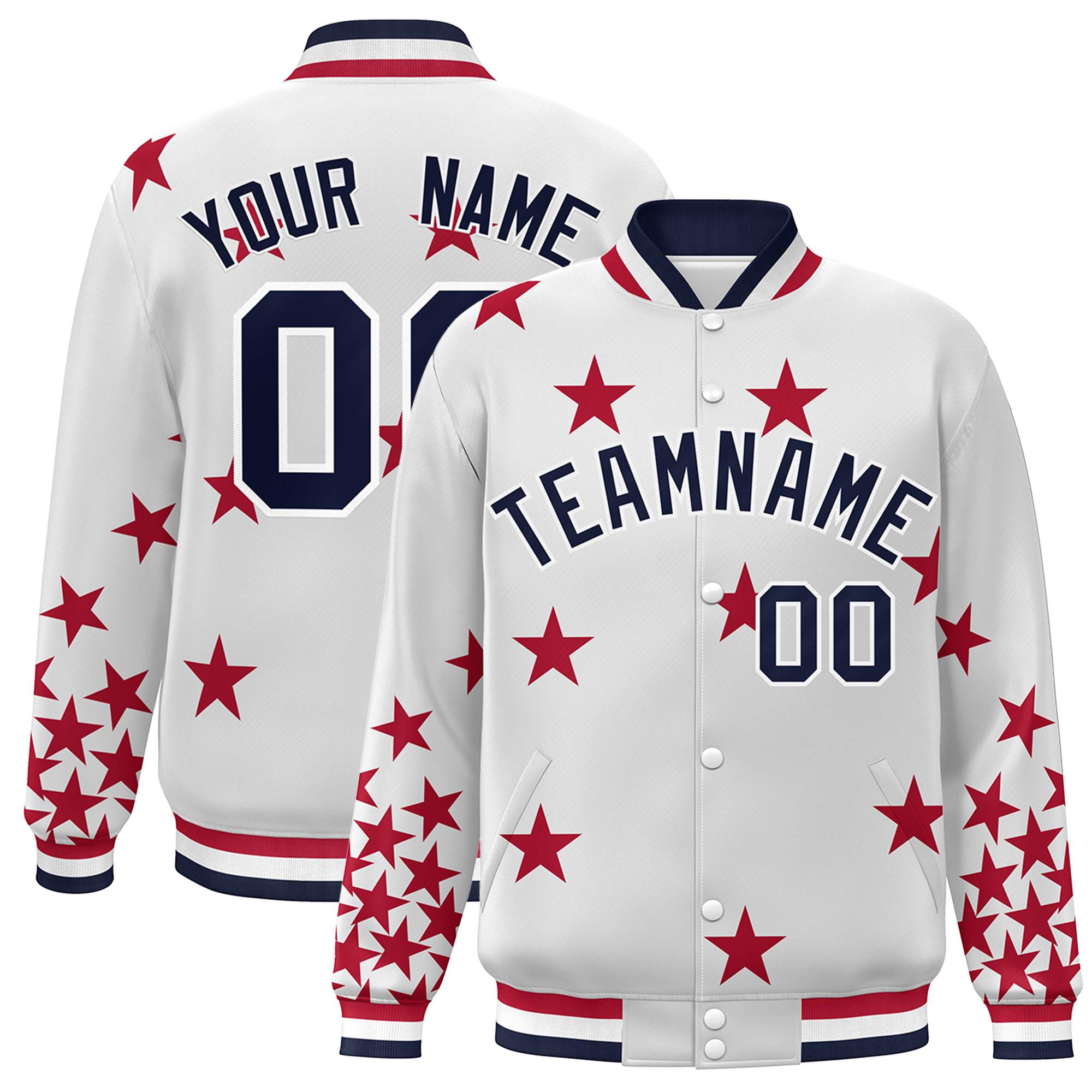 Custom White Navy Star Graffiti Pattern Varsity Full-Snap Bomber Jacket