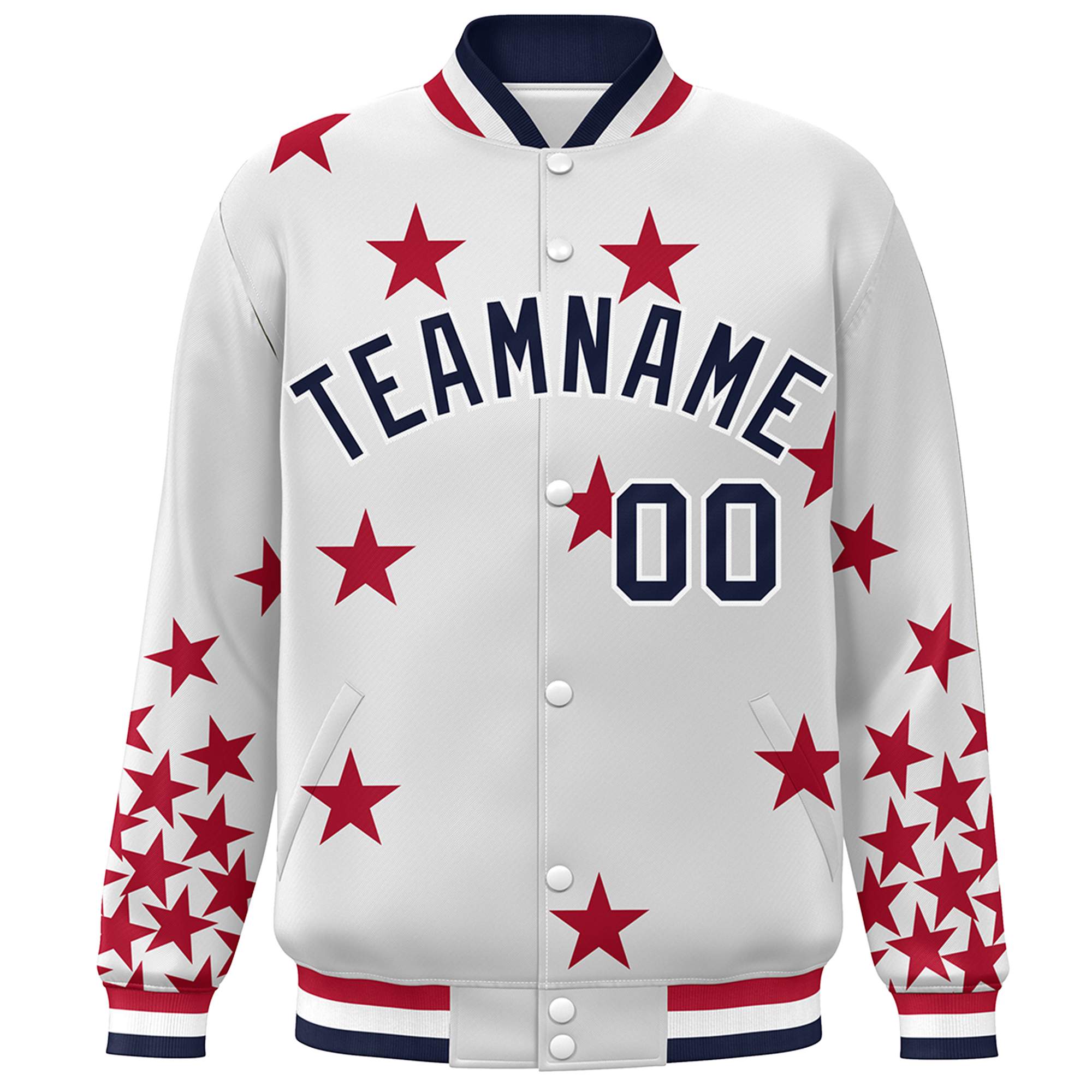 Custom White Navy Star Graffiti Pattern Varsity Full-Snap Bomber Jacket