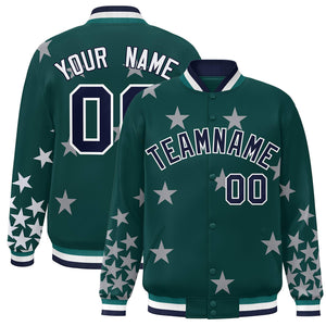 Custom Midnight Green Navy-White Star Graffiti Pattern Varsity Full-Snap Bomber Jacket