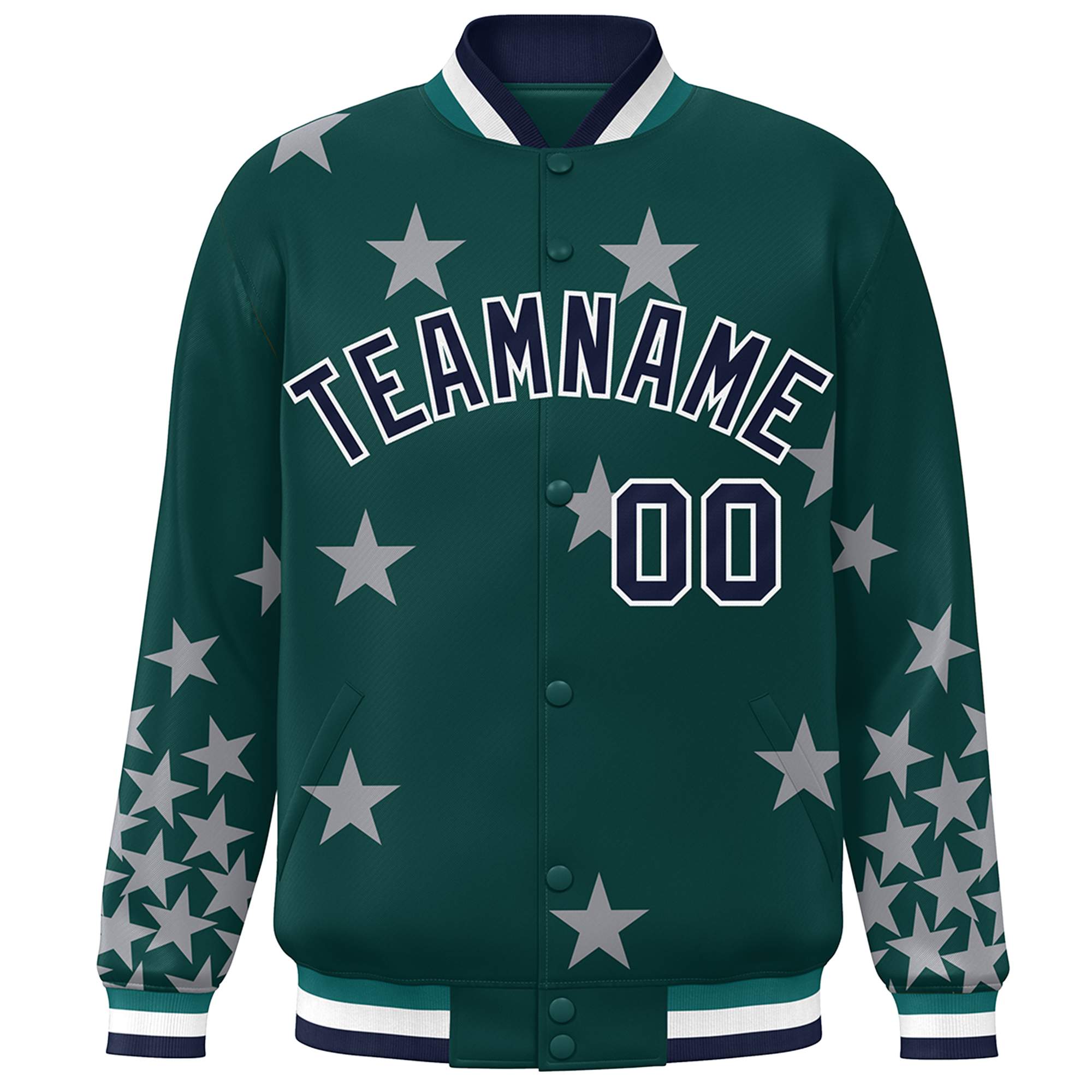 Custom Midnight Green Navy-White Star Graffiti Pattern Varsity Full-Snap Bomber Jacket