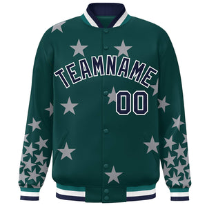 Custom Midnight Green Navy-White Star Graffiti Pattern Varsity Full-Snap Bomber Jacket