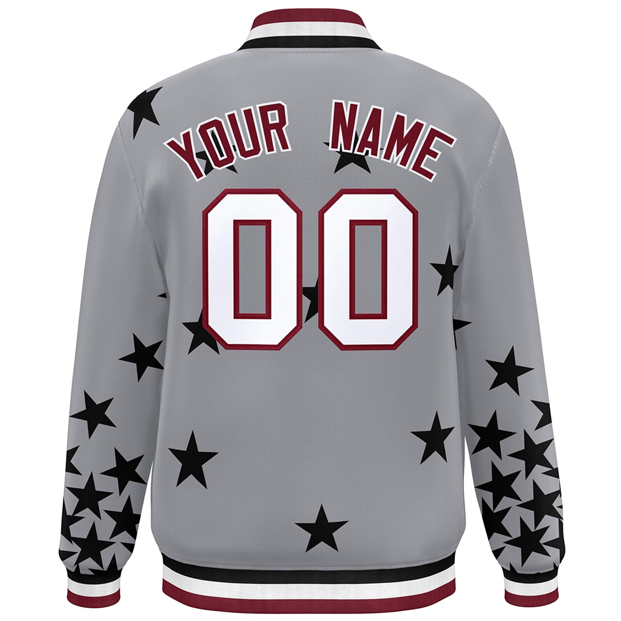 Custom Gray White-Crimson Star Graffiti Pattern Varsity Full-Snap Bomber Jacket