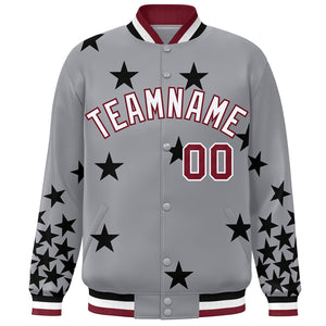 Custom Gray White-Crimson Star Graffiti Pattern Varsity Full-Snap Bomber Jacket