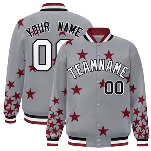 Custom Gray White-Black Star Graffiti Pattern Varsity Full-Snap Bomber Jacket