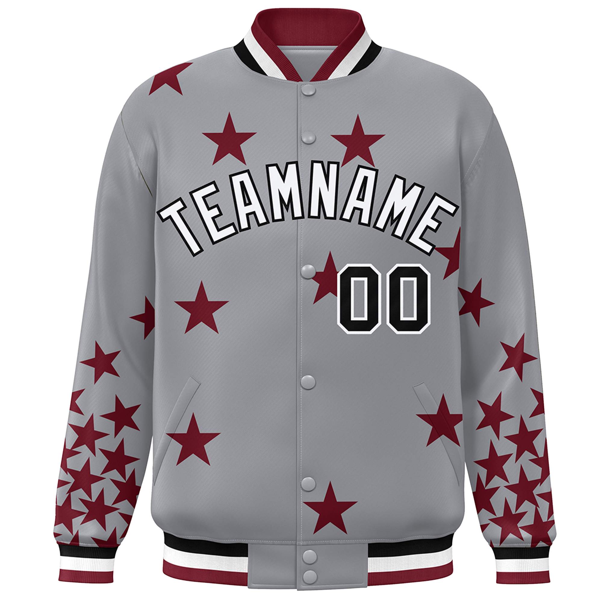 Custom Gray White-Black Star Graffiti Pattern Varsity Full-Snap Bomber Jacket