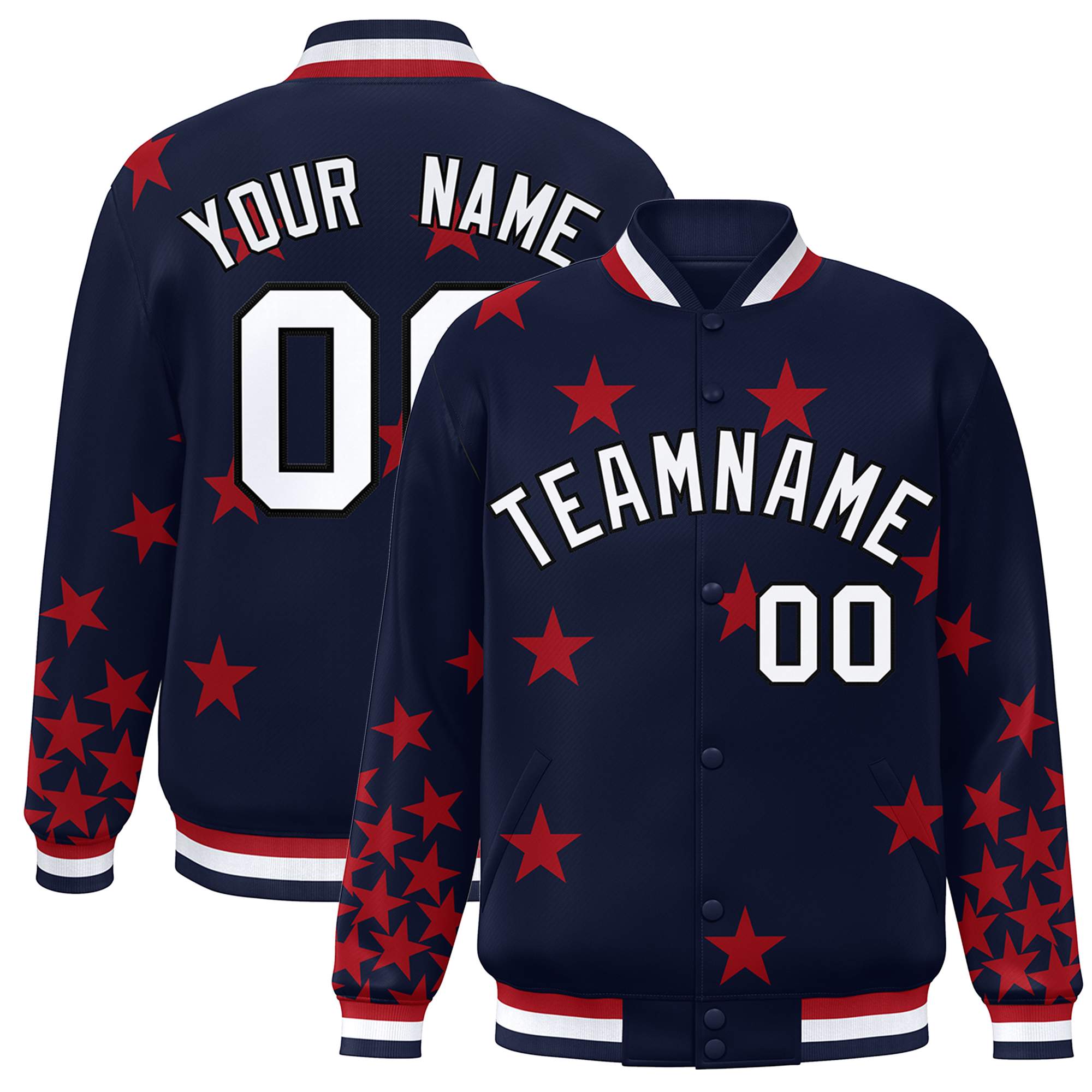 Custom Navy White Star Graffiti Pattern Varsity Full-Snap Bomber Jacket