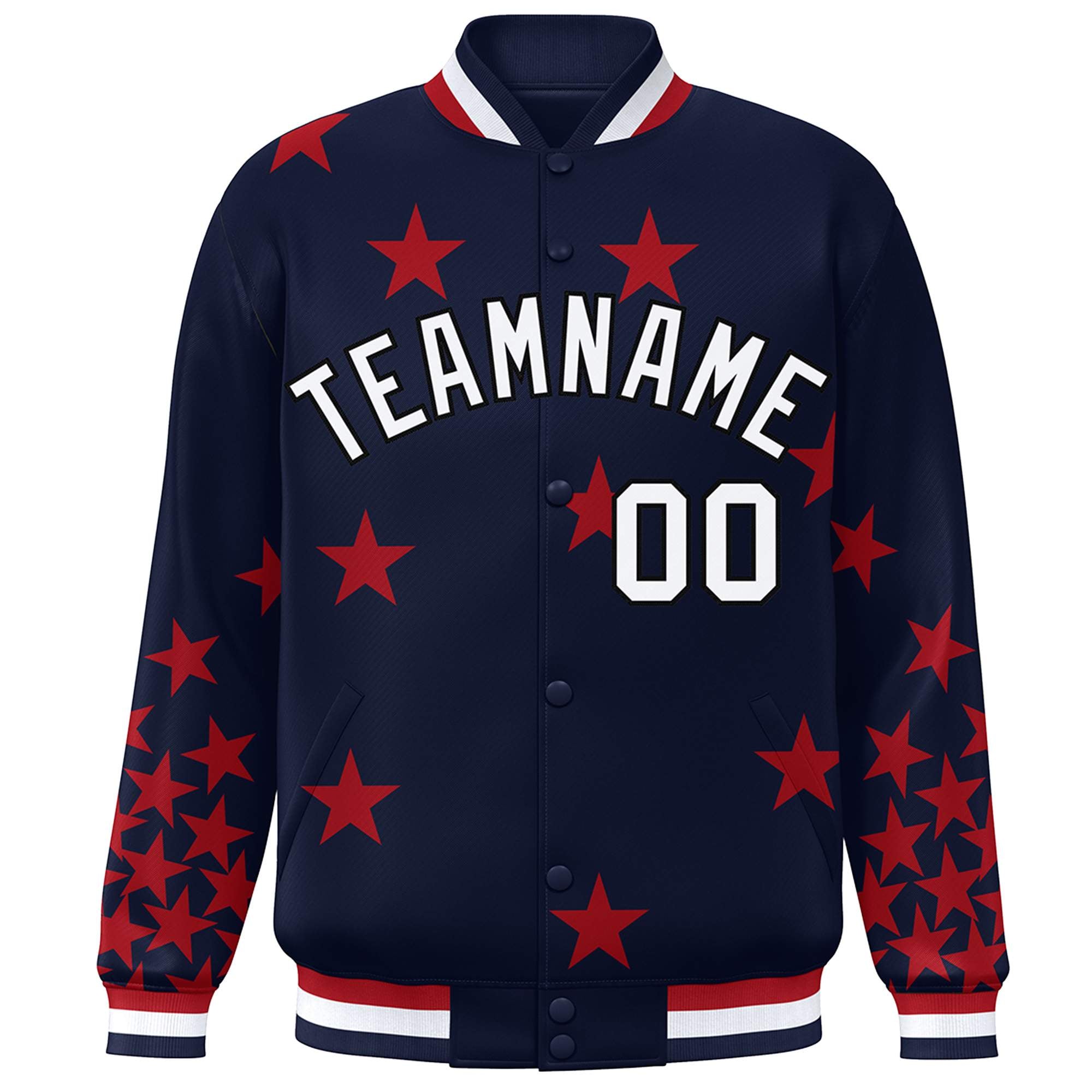 Custom Navy White Star Graffiti Pattern Varsity Full-Snap Bomber Jacket