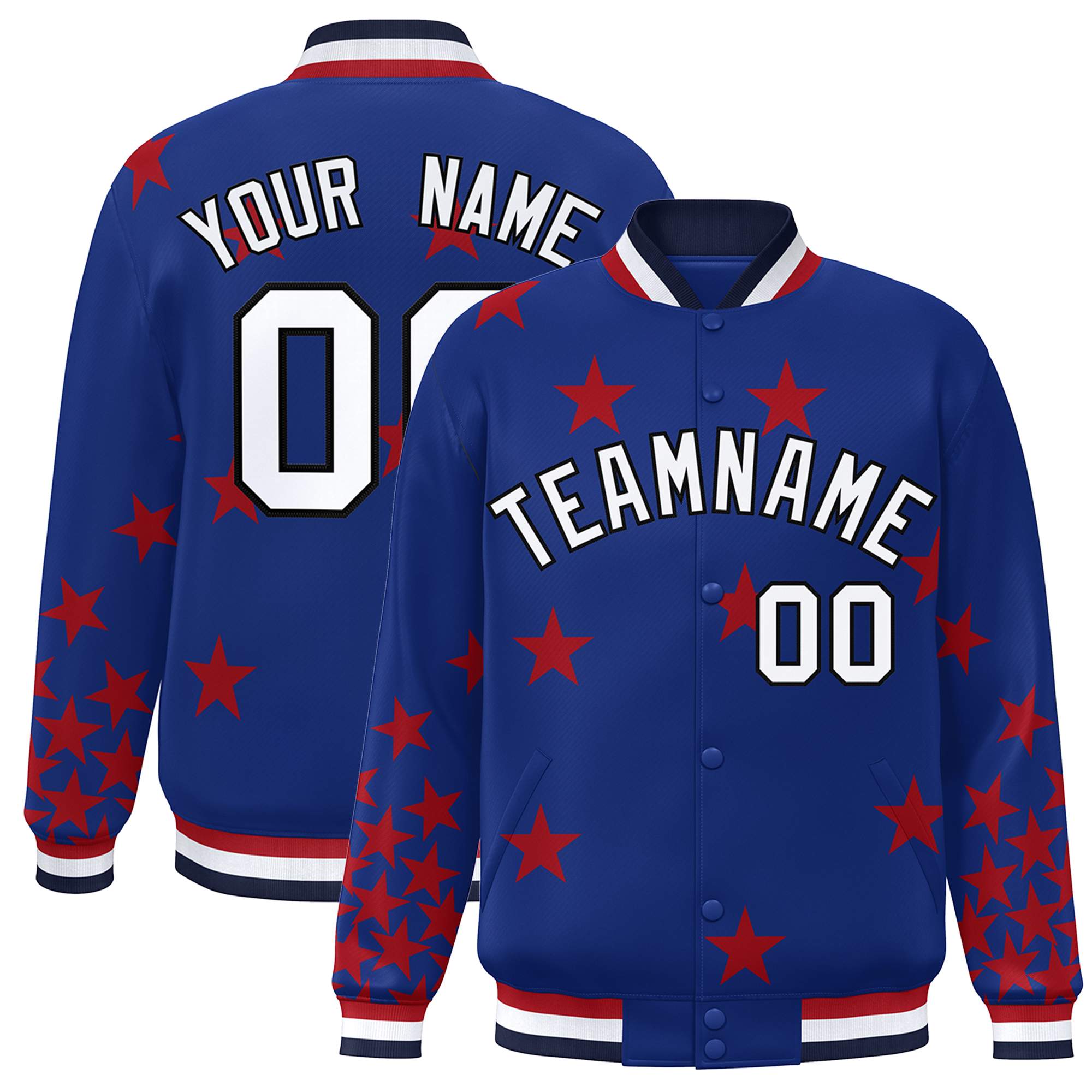 Custom Royal White Star Graffiti Pattern Varsity Full-Snap Bomber Jacket