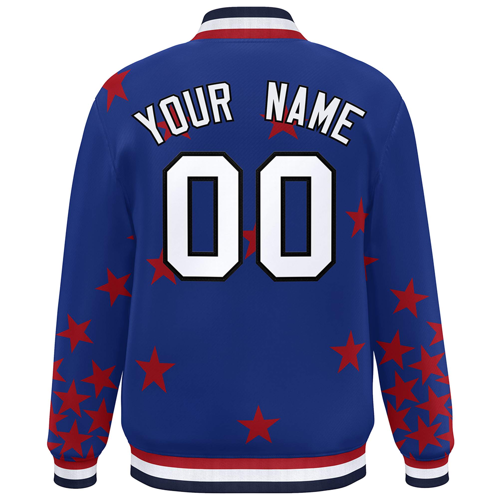 Custom Royal White Star Graffiti Pattern Varsity Full-Snap Bomber Jacket