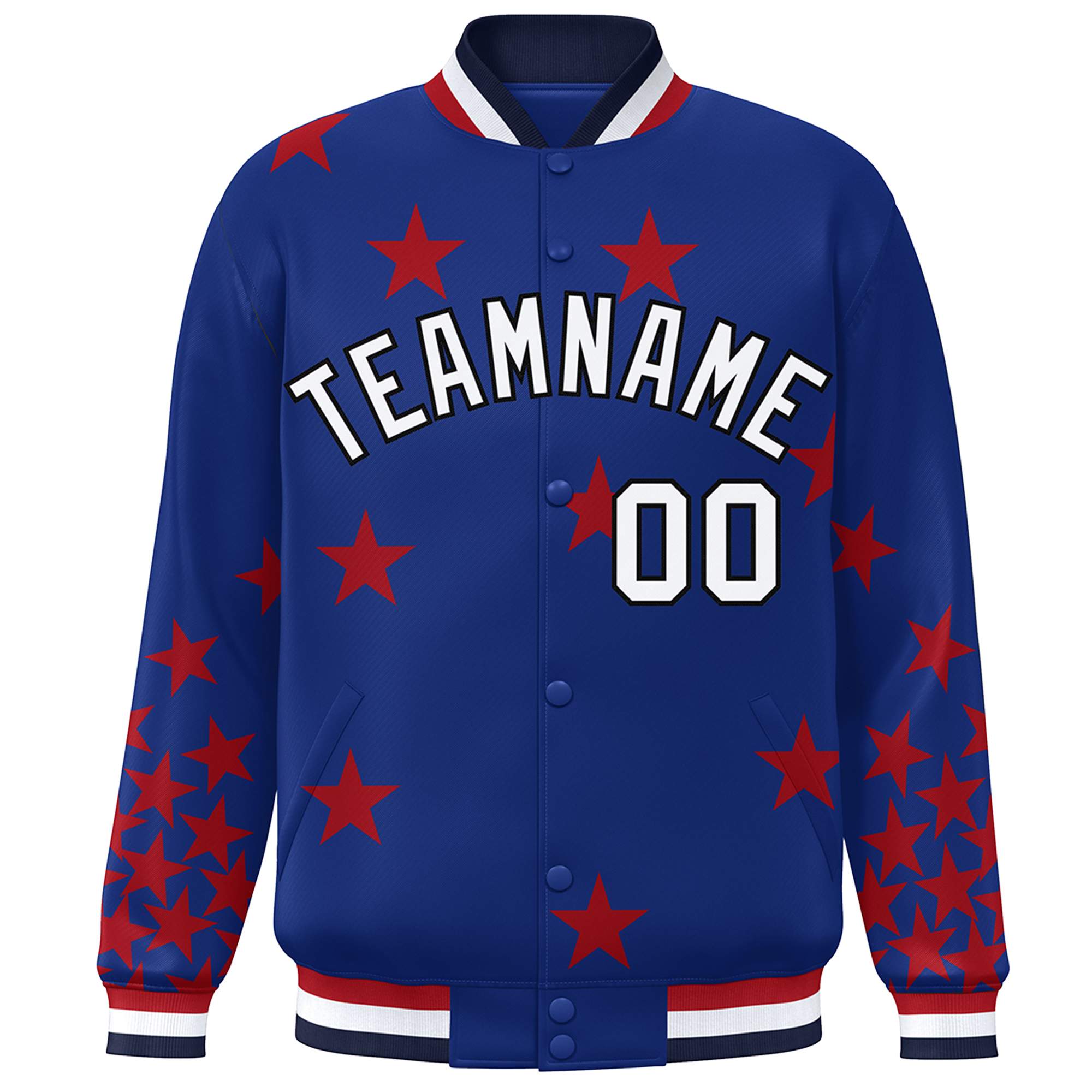 Custom Royal White Star Graffiti Pattern Varsity Full-Snap Bomber Jacket