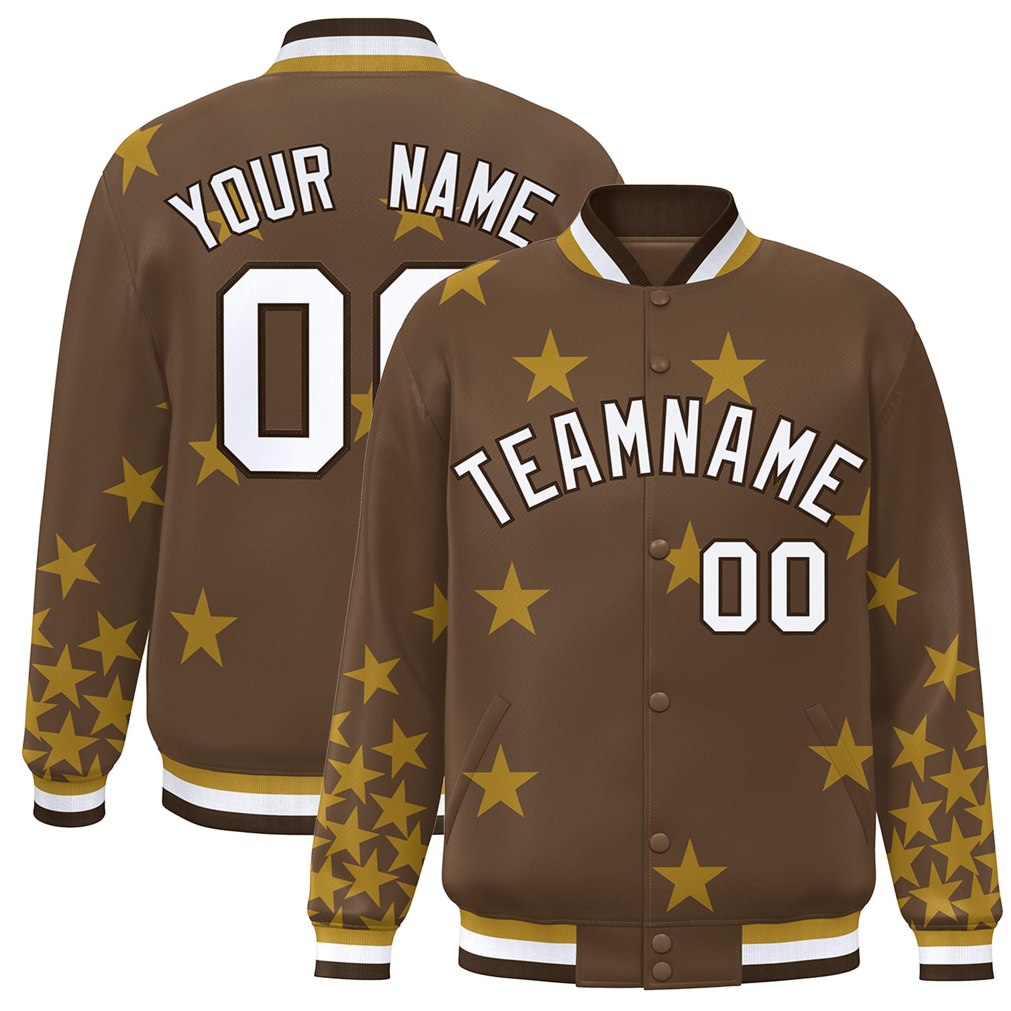 Custom Brown White Star Graffiti Pattern Varsity Full-Snap Bomber Jacket