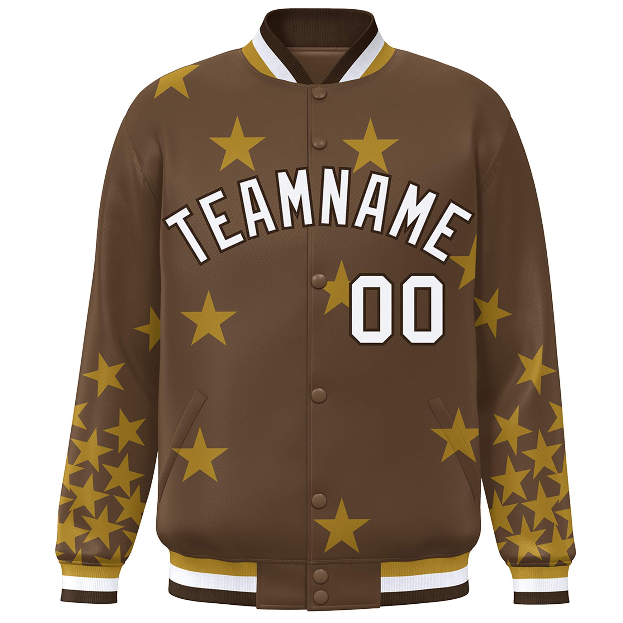 Custom Brown White Star Graffiti Pattern Varsity Full-Snap Bomber Jacket