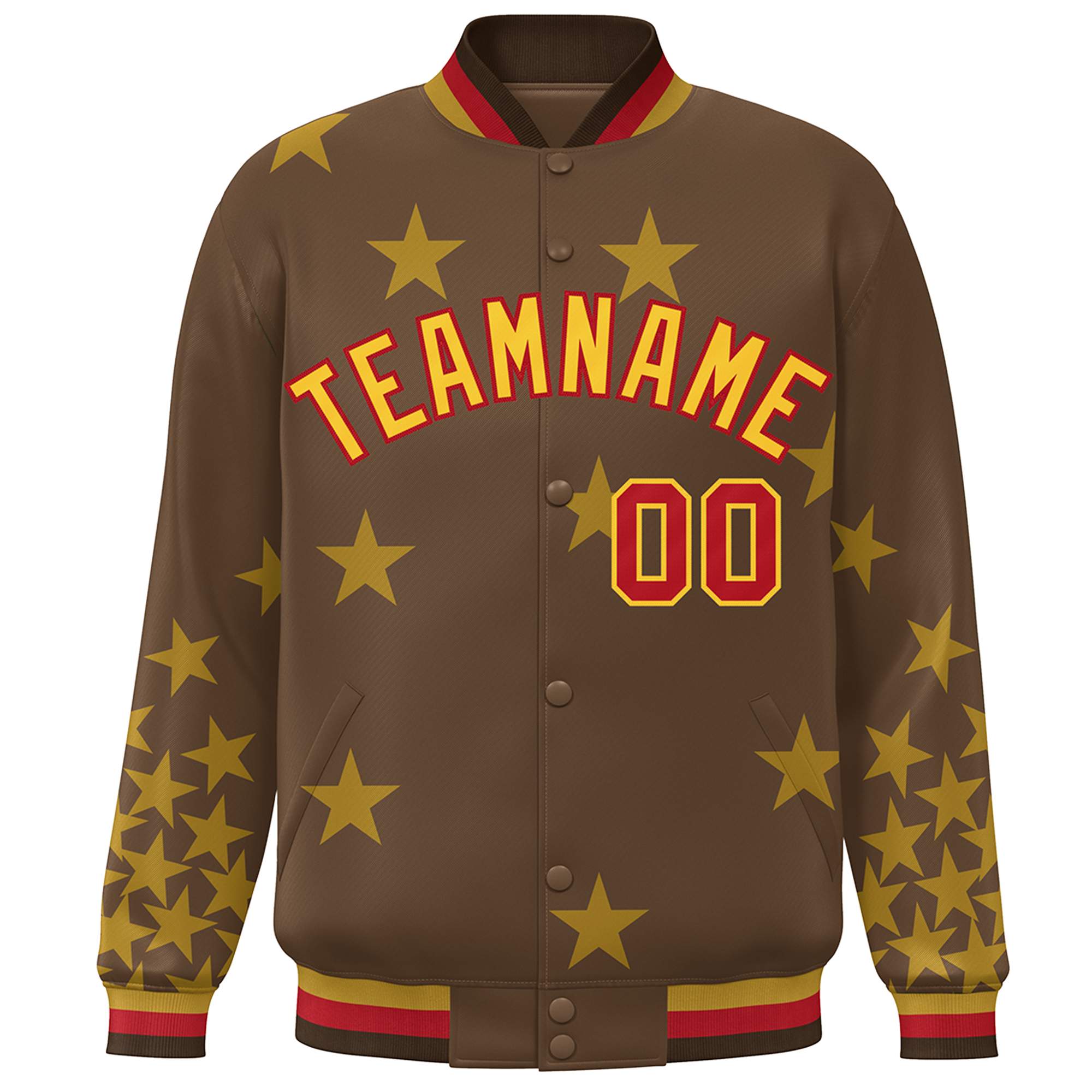 Custom Brown Yellow-Red Star Graffiti Pattern Varsity Full-Snap Bomber Jacket