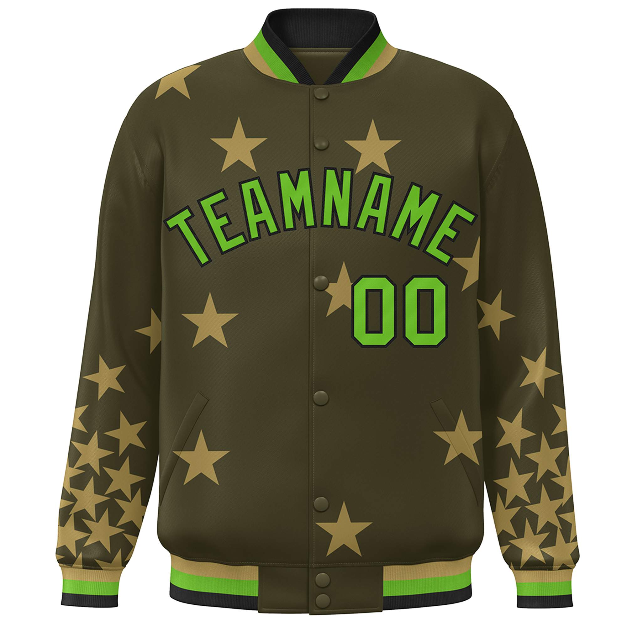 Custom Olive Green-Black Star Graffiti Pattern Varsity Full-Snap Bomber Jacket