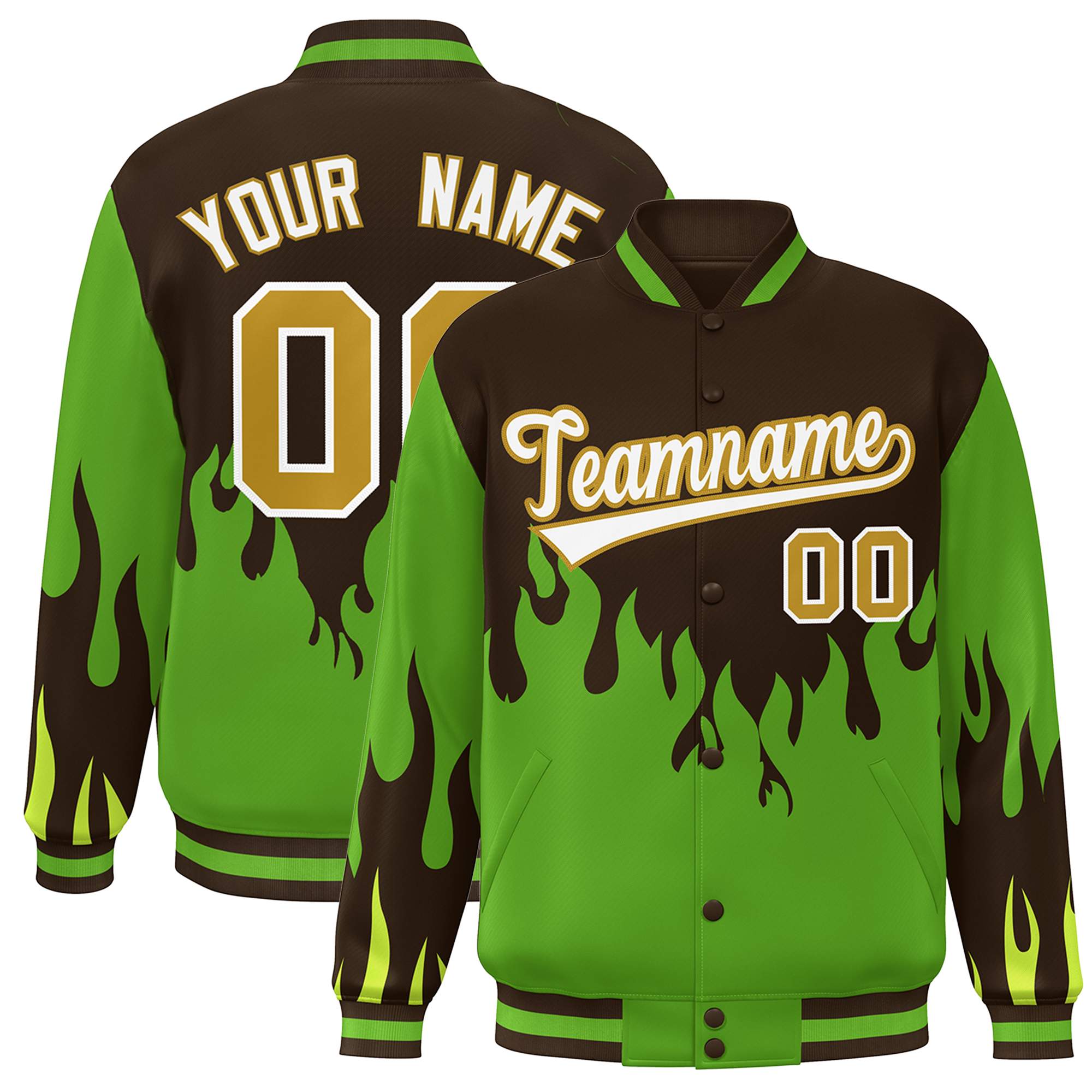 Custom Brown Green-White Flame Graffiti Pattern Bomber Varsity Full-Snap Jacket