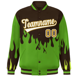 Custom Brown Green-White Flame Graffiti Pattern Bomber Varsity Full-Snap Jacket