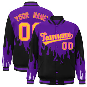 Custom Purple Black-Yellow Flame Graffiti Pattern Bomber Varsity Full-Snap Jacket